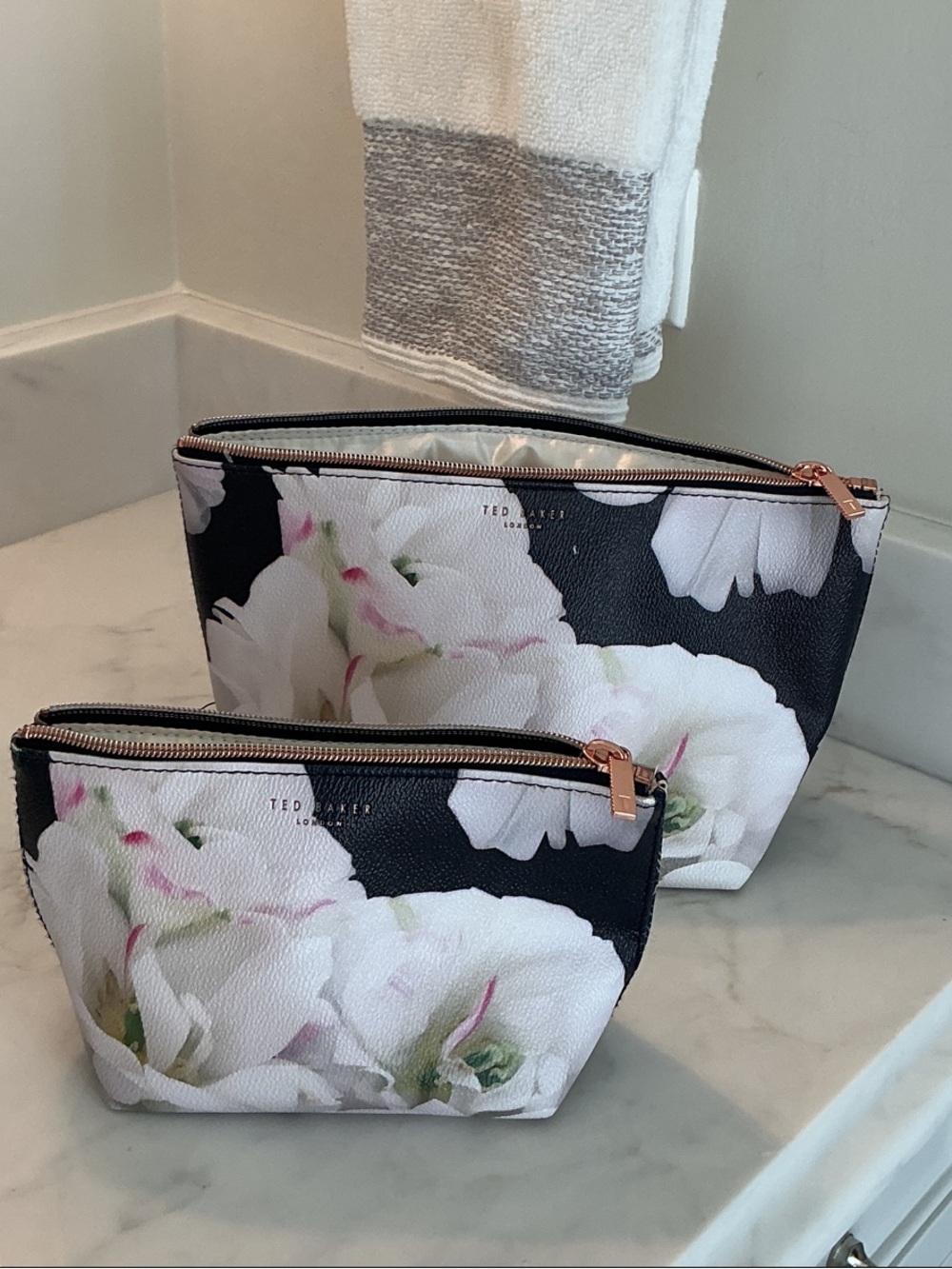 Ted Baker Black & White Floral Cosmetic Pouch Duo with Rose Gold Zippers